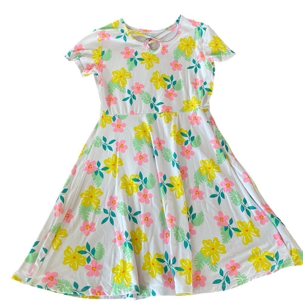 Extremely me! Kids Skater Dress in White with Yellow and Pink Flowers Size 14/16